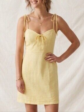 Sz S Linen Cotton Butter Yellow Tie-Shoulder Bustier-Style Sundress Mini Dress